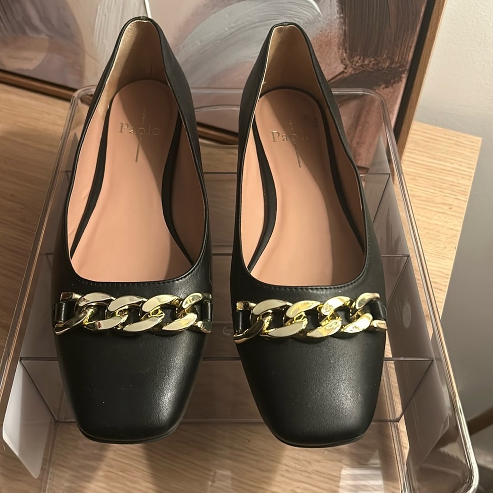 EUC Linea Paolo Christa Slingback Flat In Black round toe loafer gold chain 8 - Picture 3 of 5